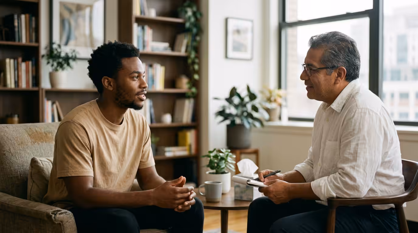 young man discussing alcohol detox with a therapist